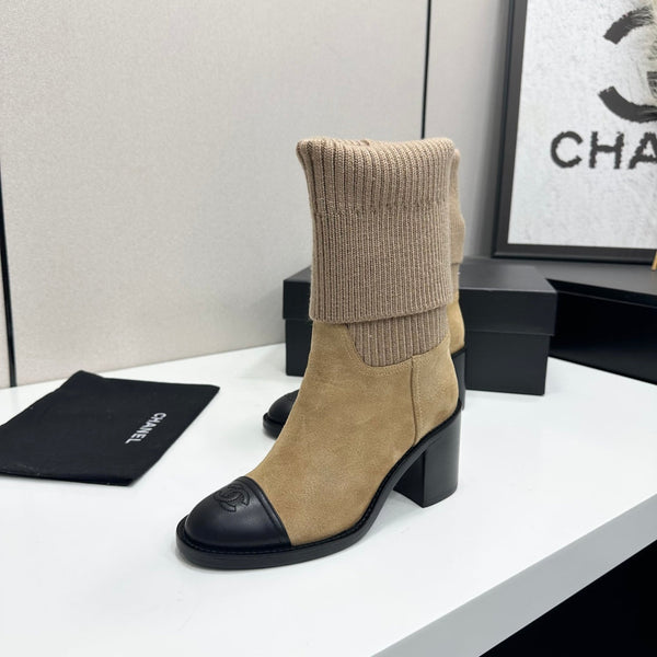 CC Mid-Calf Sock Boots Black Beige Suede Stretch Knit 985657