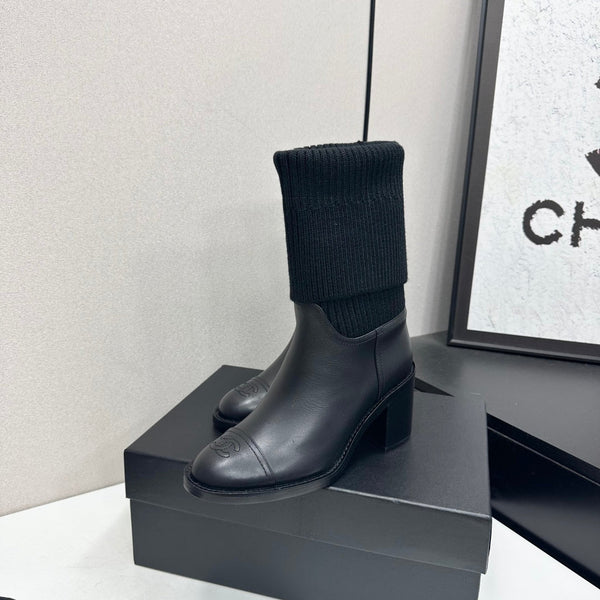 CC Mid-Calf Sock Boots Black Leather Stretch Knit 985656