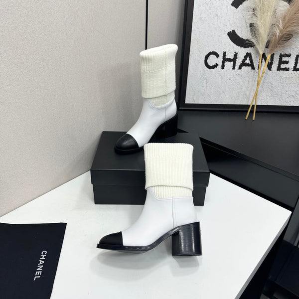 CC Mid-Calf Sock Boots White Leather Stretch Knit 985655