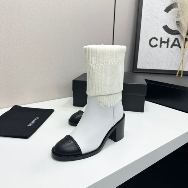CC Mid-Calf Sock Boots White Leather Stretch Knit 985655