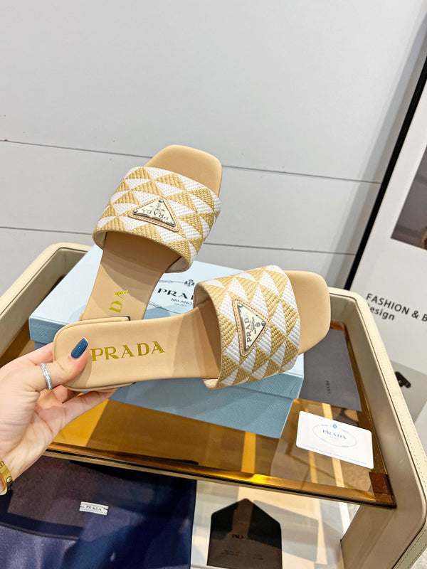Prad 26s Enameled Metal Triangle Printed Slides White Beige Leather Cotton 986590