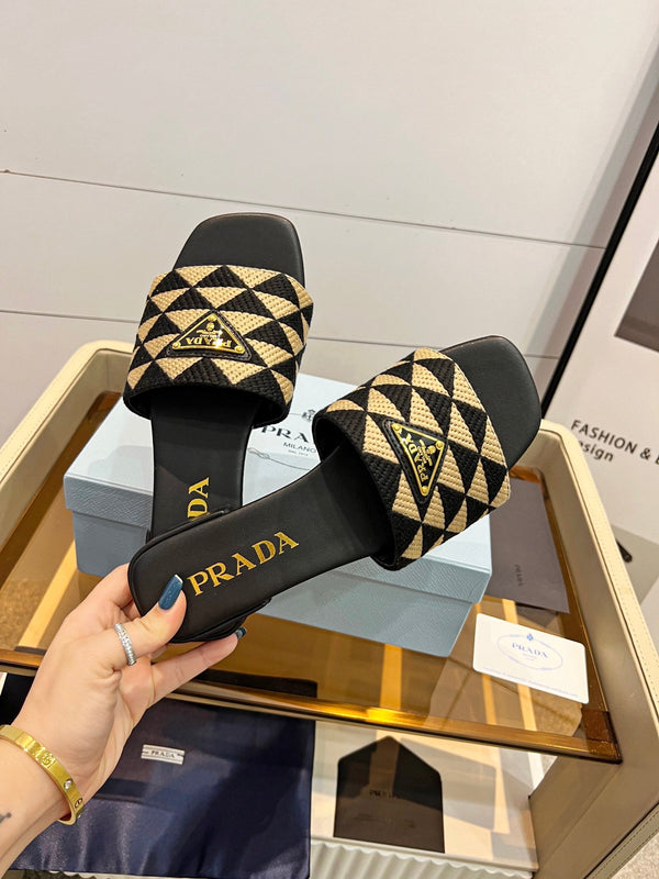 Prad 26s Enameled Metal Triangle Printed Slides Black Beige Leather Cotton 986591