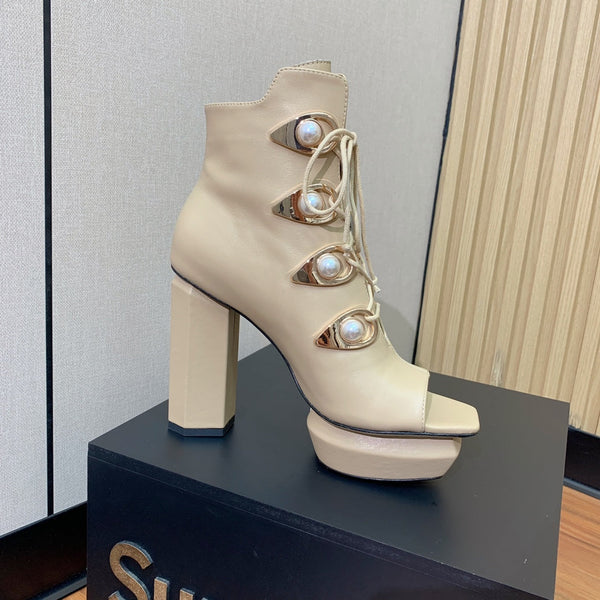 BM 26S Lace-Up Platform Booties 11.5cm Cream Leather 111368