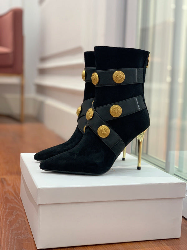 BM 26S Alma Ankle Boots 9.5cm Medallion Buttons Black Suede Leather 111359