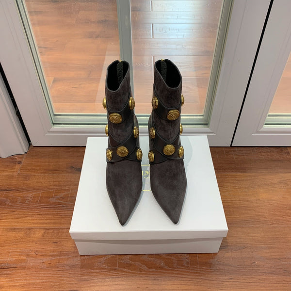 BM 26S Alma Ankle Boots 9.5cm Medallion Buttons Dark Grey Suede Leather 111358