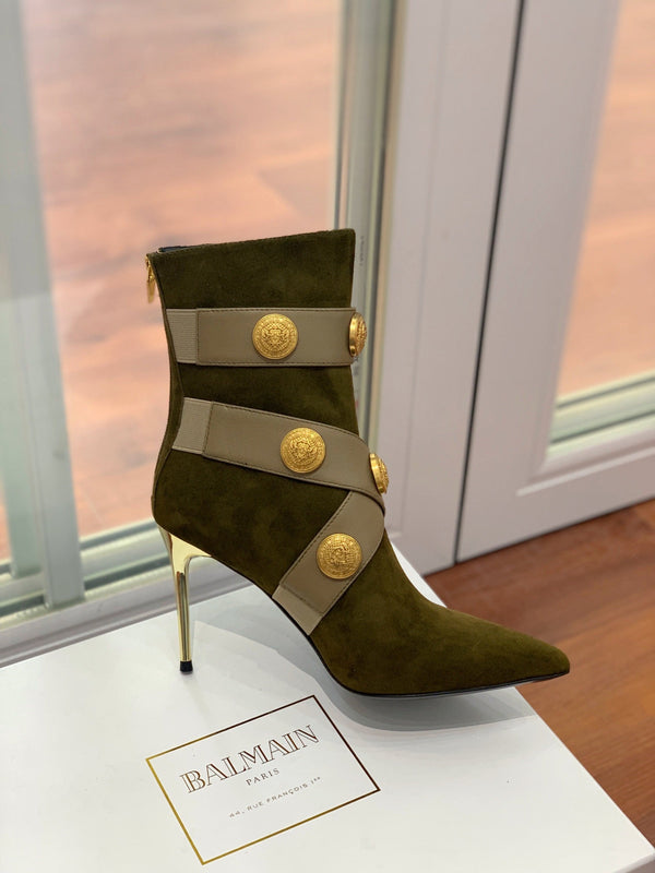 BM 26S Alma Ankle Boots 9.5cm Medallion Buttons Dark Olive Green Suede Leather 111357