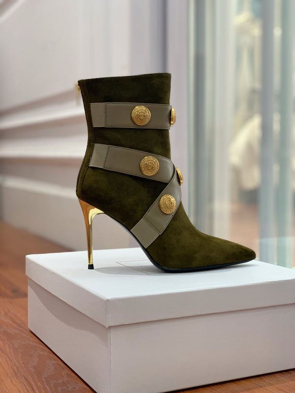BM 26S Alma Ankle Boots 9.5cm Medallion Buttons Dark Olive Green Suede Leather 111357