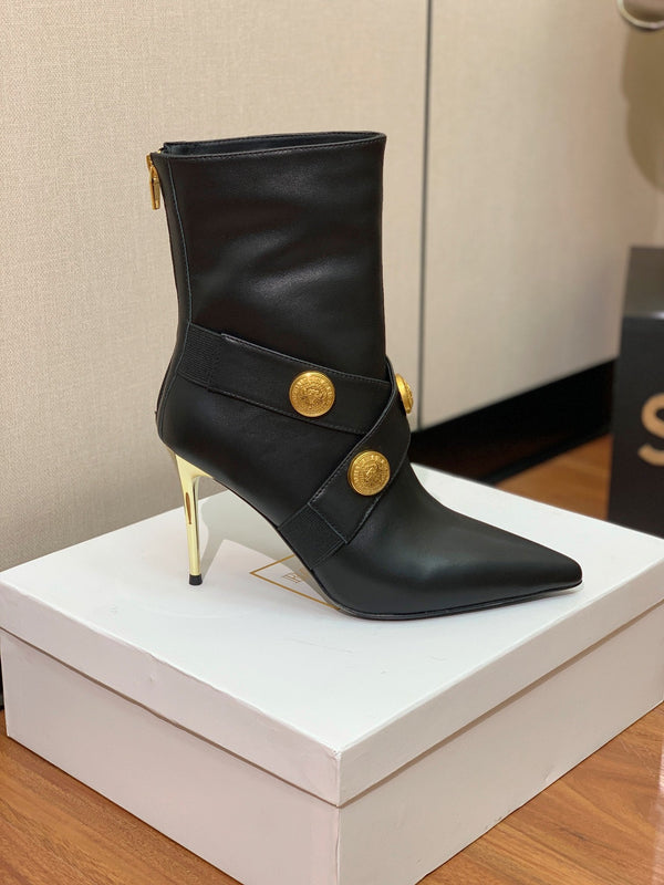 BM 26S Pointed-Toe Boots 10.5cm Gold Logo Buttons Black Leather 111356