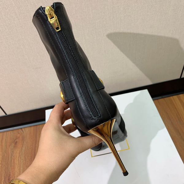 BM 26S Pointed-Toe Boots 10.5cm Gold Logo Buttons Black Leather 111356