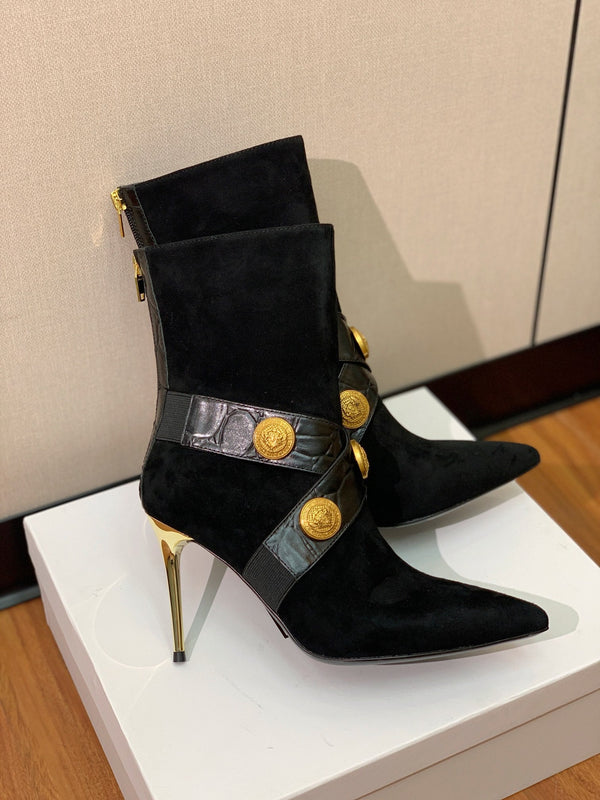 BM 26S Pointed-Toe Boots 10.5cm Gold Logo Buttons Black Suede & Embossed Leather 111354