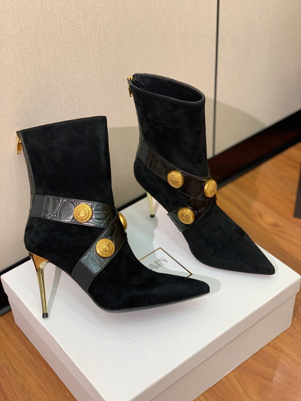 BM 26S Pointed-Toe Boots 10.5cm Gold Logo Buttons Black Suede & Embossed Leather 111354
