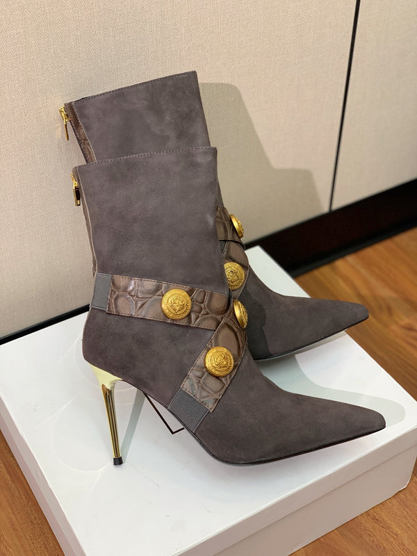 BM 26S Pointed-Toe Boots 10.5cm Gold Logo Buttons Dark Grey Suede & Embossed Leather 111353