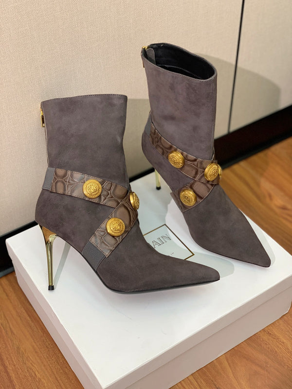 BM 26S Pointed-Toe Boots 10.5cm Gold Logo Buttons Dark Grey Suede & Embossed Leather 111353