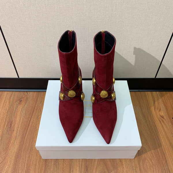 BM 26S Pointed-Toe Boots 10.5cm Gold Logo Buttons Burgundy Suede & Embossed Leather 111352