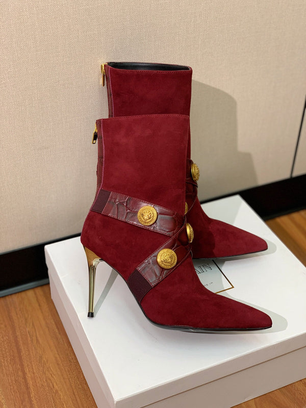 BM 26S Pointed-Toe Boots 10.5cm Gold Logo Buttons Burgundy Suede & Embossed Leather 111352