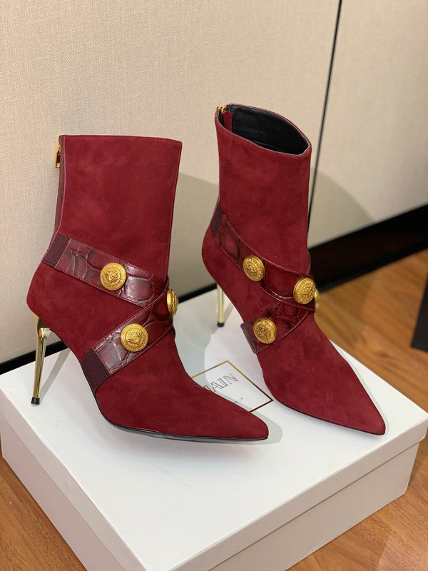 BM 26S Pointed-Toe Boots 10.5cm Gold Logo Buttons Burgundy Suede & Embossed Leather 111352