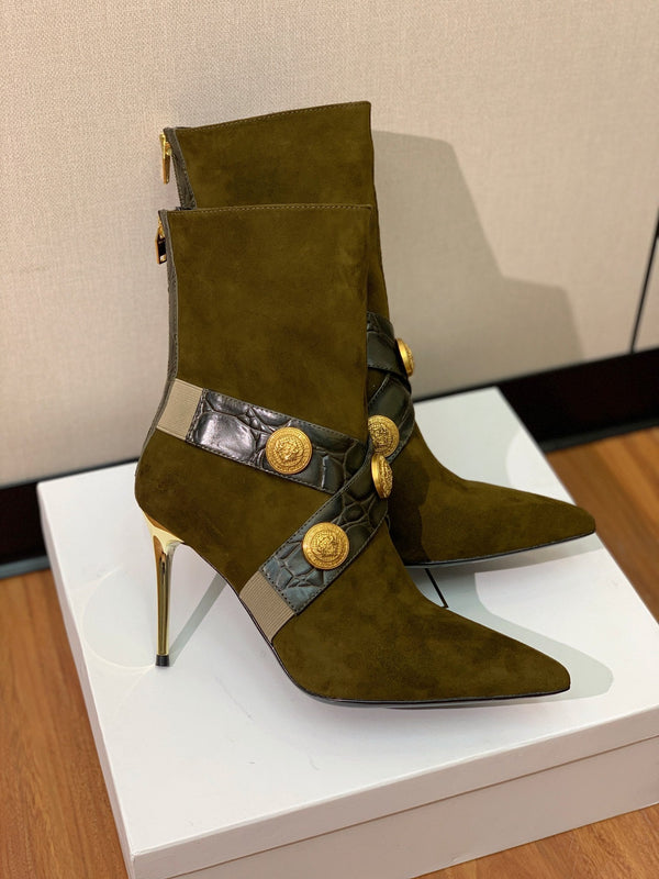 BM 26S Pointed-Toe Boots 10.5cm Gold Logo Buttons Dark Olive Green Suede & Embossed Leather 111351