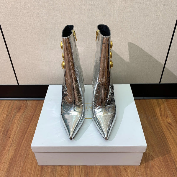 BM 26S Roni Ankle Boots 10.5cm Gold Buttons Silver Metallic Leather 111333