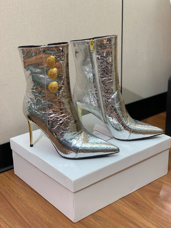 BM 26S Roni Ankle Boots 10.5cm Gold Buttons Silver Metallic Leather 111333