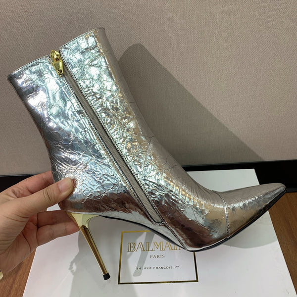 BM 26S Roni Ankle Boots 10.5cm Gold Buttons Silver Metallic Leather 111333