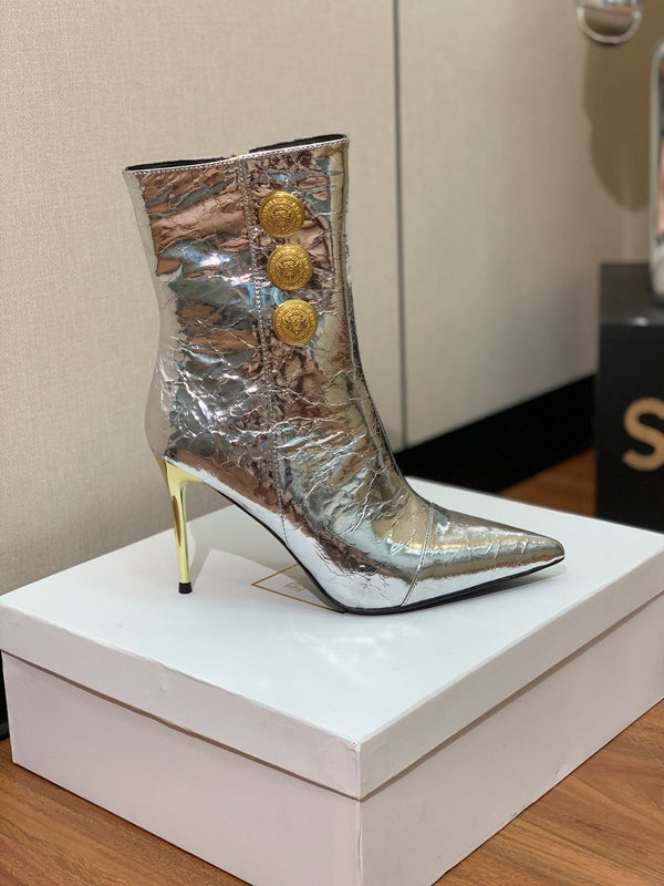 BM 26S Roni Ankle Boots 10.5cm Gold Buttons Silver Metallic Leather 111333