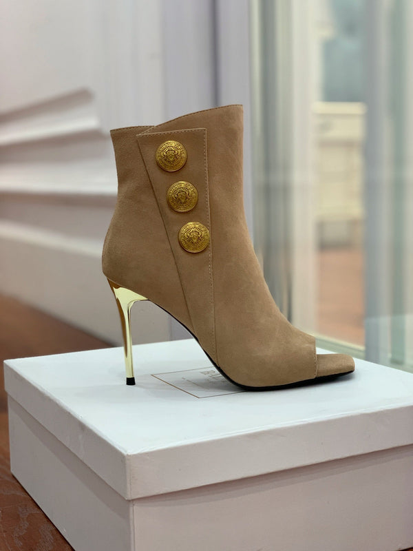 BM 26S Open-Toe Ankle Boots 9.5cm Gold Buttons Stiletto Khaki Suede 111325
