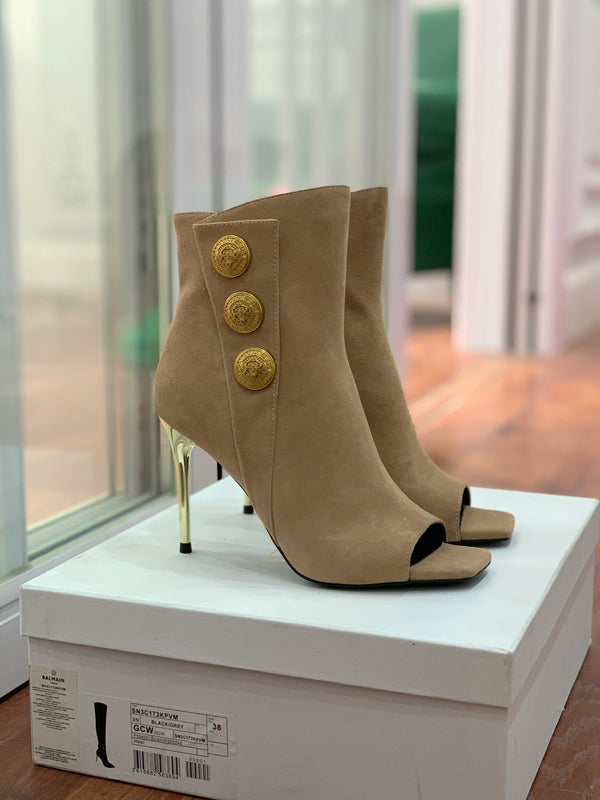 BM 26S Open-Toe Ankle Boots 9.5cm Gold Buttons Stiletto Khaki Suede 111325