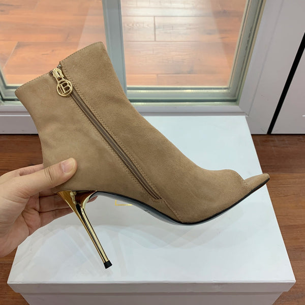 BM 26S Open-Toe Ankle Boots 9.5cm Gold Buttons Stiletto Khaki Suede 111325
