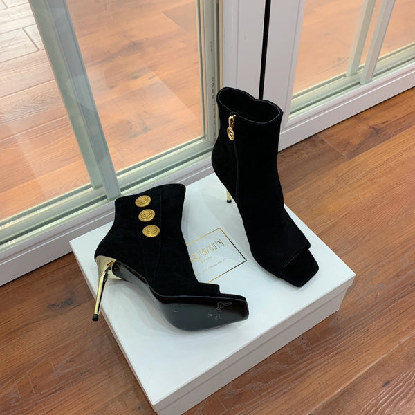 BM 26S Open-Toe Ankle Boots 9.5cm Gold Buttons Stiletto Black Suede 111324