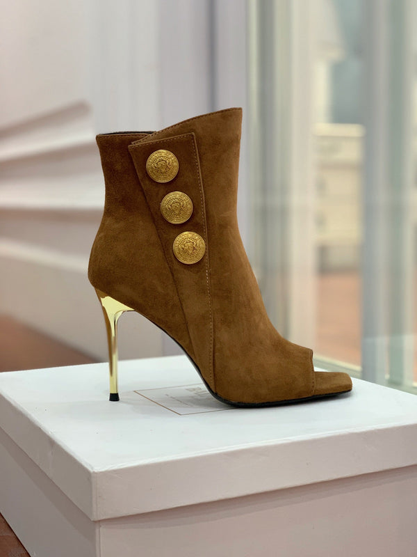 BM 26S Open-Toe Ankle Boots 9.5cm Gold Buttons Stiletto Brown Suede 111323
