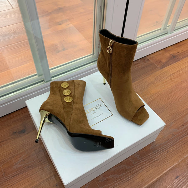 BM 26S Open-Toe Ankle Boots 9.5cm Gold Buttons Stiletto Brown Suede 111323