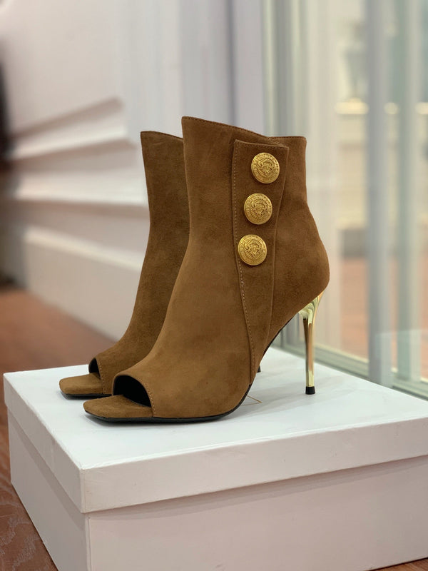 BM 26S Open-Toe Ankle Boots 9.5cm Gold Buttons Stiletto Brown Suede 111323