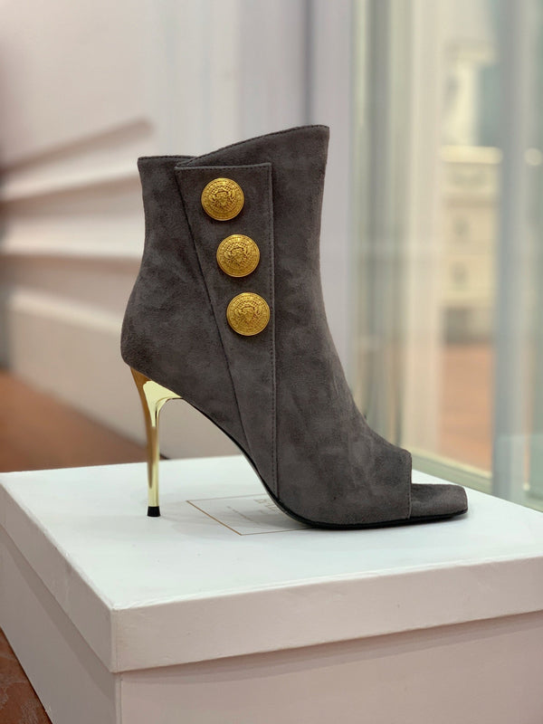 BM 26S Open-Toe Ankle Boots 9.5cm Gold Buttons Stiletto Dark Grey Suede 111322