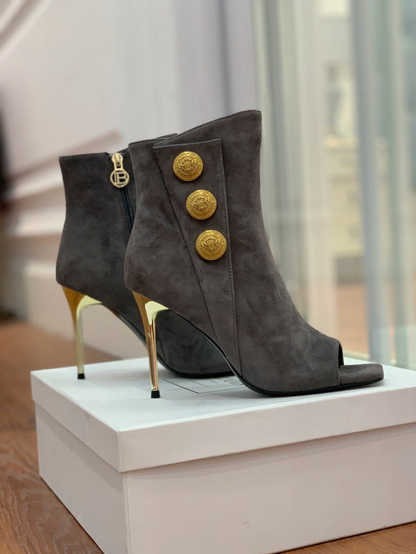 BM 26S Open-Toe Ankle Boots 9.5cm Gold Buttons Stiletto Dark Grey Suede 111322