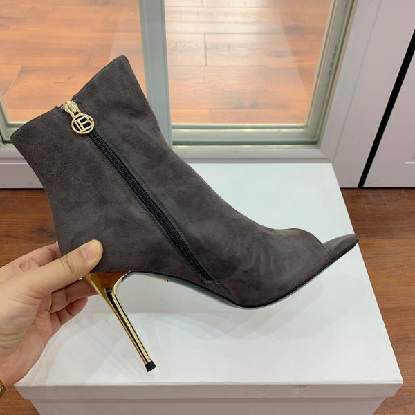 BM 26S Open-Toe Ankle Boots 9.5cm Gold Buttons Stiletto Dark Grey Suede 111322