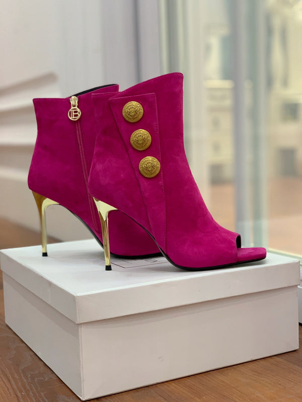 BM 26S Open-Toe Ankle Boots 9.5cm Gold Buttons Stiletto Hot Pink Suede 111321