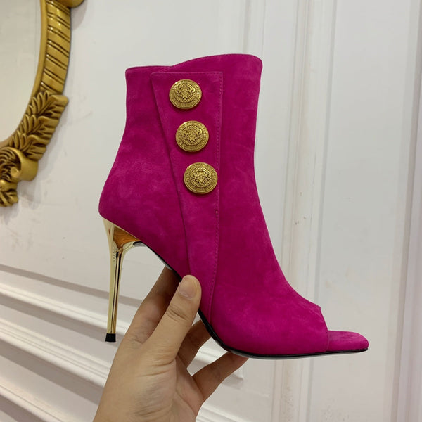 BM 26S Open-Toe Ankle Boots 9.5cm Gold Buttons Stiletto Hot Pink Suede 111321