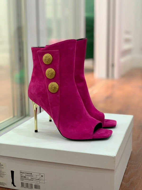 BM 26S Open-Toe Ankle Boots 9.5cm Gold Buttons Stiletto Hot Pink Suede 111321