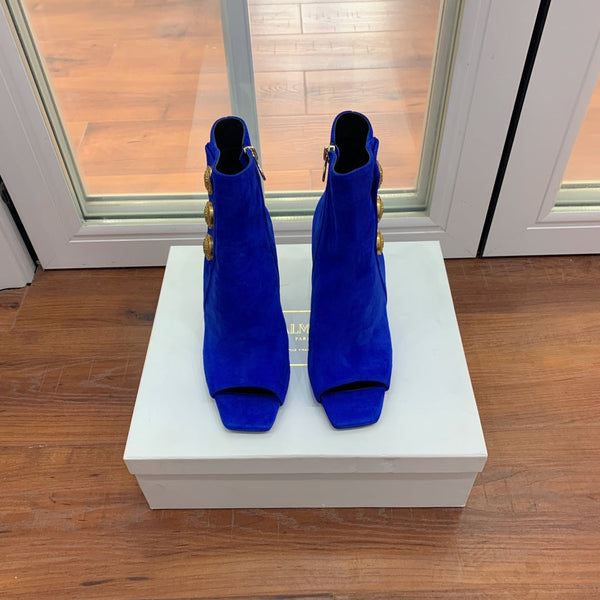 BM 26S Open-Toe Ankle Boots 9.5cm Gold Buttons Stiletto Dark Blue Suede 111320