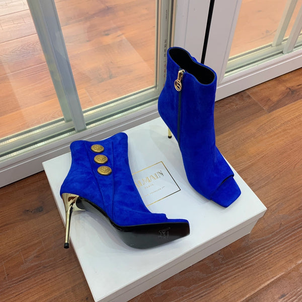 BM 26S Open-Toe Ankle Boots 9.5cm Gold Buttons Stiletto Dark Blue Suede 111320