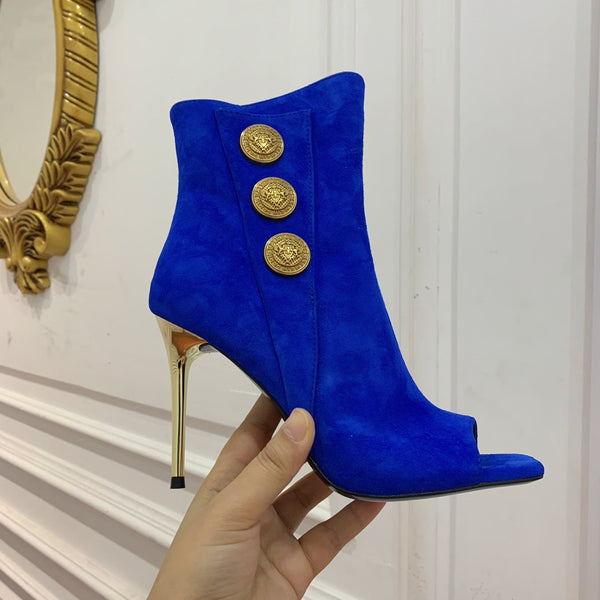 BM 26S Open-Toe Ankle Boots 9.5cm Gold Buttons Stiletto Dark Blue Suede 111320