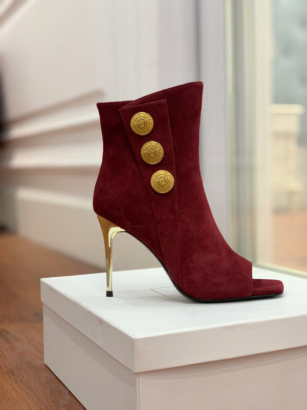 BM 26S Open-Toe Ankle Boots 9.5cm Gold Buttons Stiletto Burgundy Suede 111319