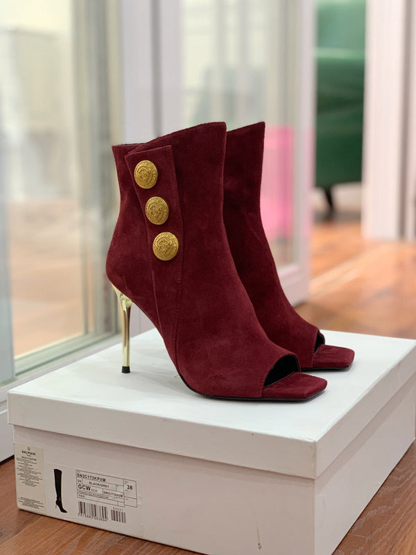BM 26S Open-Toe Ankle Boots 9.5cm Gold Buttons Stiletto Burgundy Suede 111319