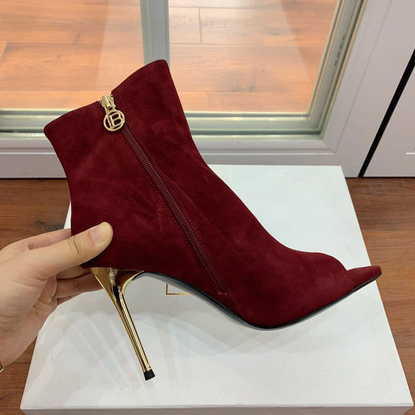BM 26S Open-Toe Ankle Boots 9.5cm Gold Buttons Stiletto Burgundy Suede 111319