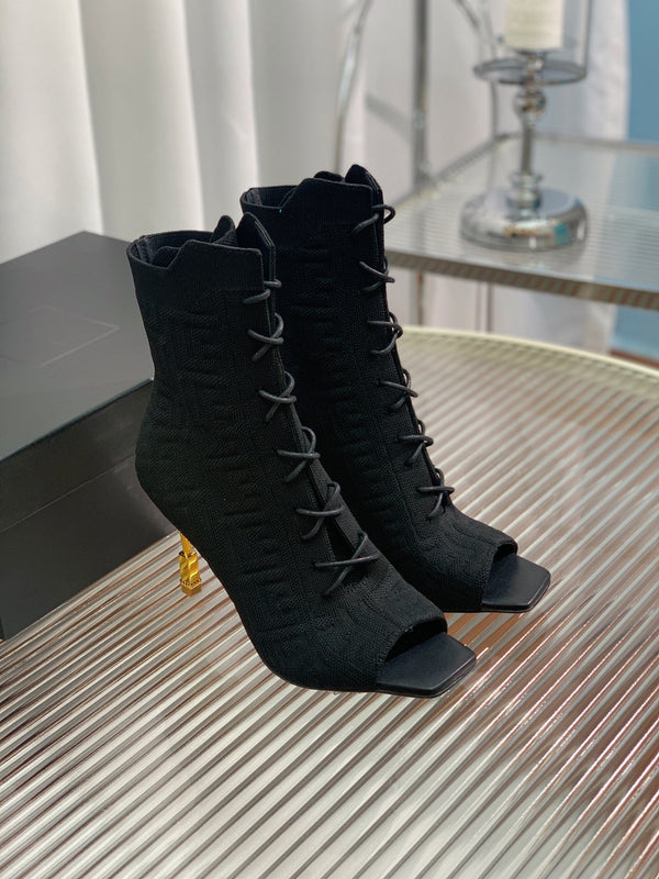 BM 26S Moneta Monogram Lace-Up Boots Peep-Toe Black Knit 111315
