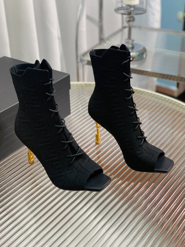 BM 26S Moneta Monogram Lace-Up Boots Peep-Toe Black Knit 111315