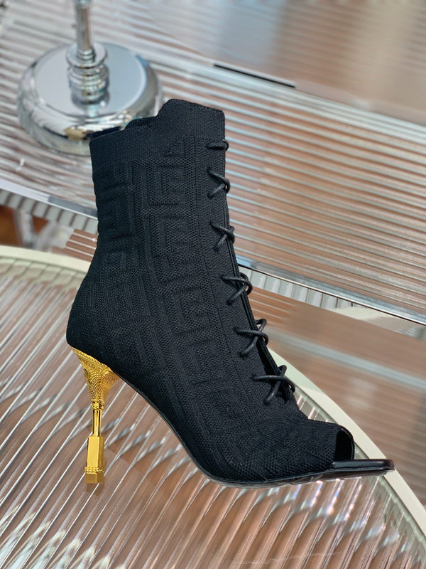BM 26S Moneta Monogram Lace-Up Boots Peep-Toe Black Knit 111315