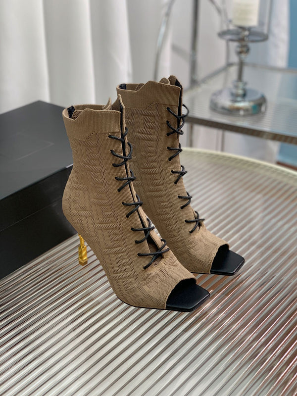 BM 26S Moneta Monogram Lace-Up Boots Peep-Toe Brown Knit 111314