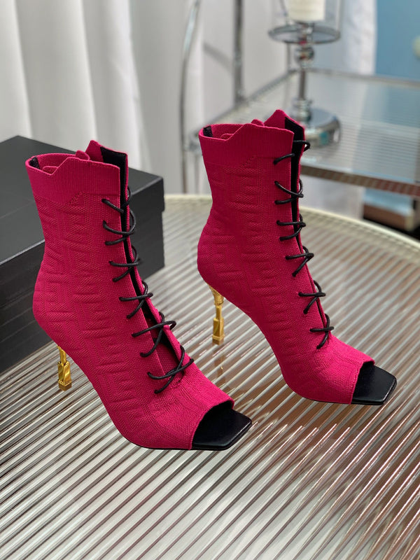 BM 26S Moneta Monogram Lace-Up Boots Peep-Toe Hot Pink Knit 111313