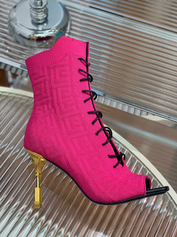 BM 26S Moneta Monogram Lace-Up Boots Peep-Toe Hot Pink Knit 111313